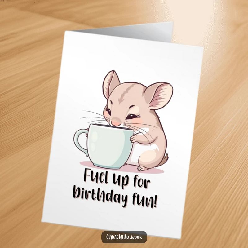 Funny Free Printable Birthday Card: Curious chinchilla intensely sniffs a coffee mug, ears twitching with interest.