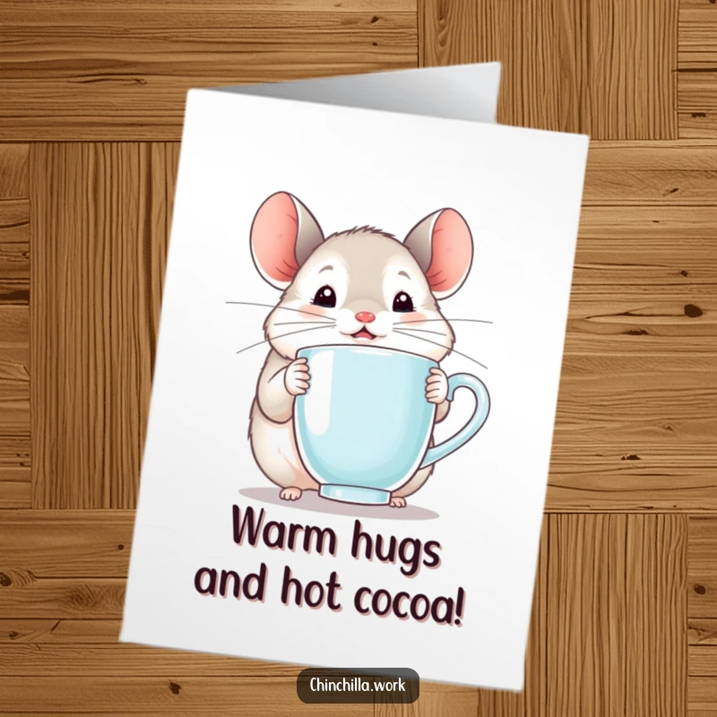 Funny free printable birthday card with a happy chinchilla holding a steaming mug, eyes closed in pure delight, ready to be printed.