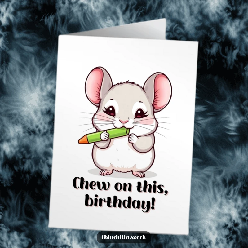 Funny Free Printable Birthday Card featuring a chinchilla gleefully chewing a bright pen, perfect for a laugh.