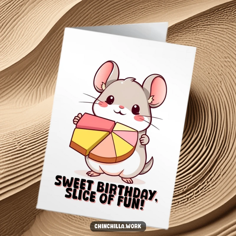 Funny Free Printable Birthday Card: Cute kawaii chinchilla enthusiastically presenting a colorful pie chart, celebrating with joy.