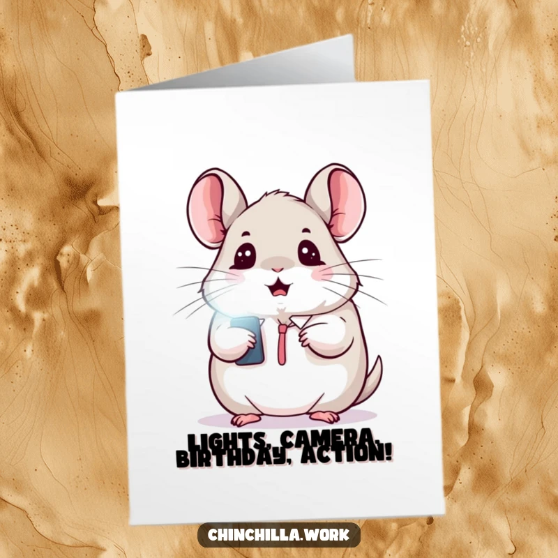 Funny Free Printable Birthday Card: Kawaii chinchilla with wide eyes, startled by a flashing light, perfect for a DIY funny greeting card.