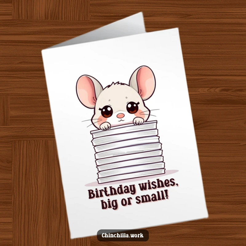 Funny Free Printable Birthday Card: Kawaii office chinchilla peeking over huge paper stack, overwhelmed but cute.
