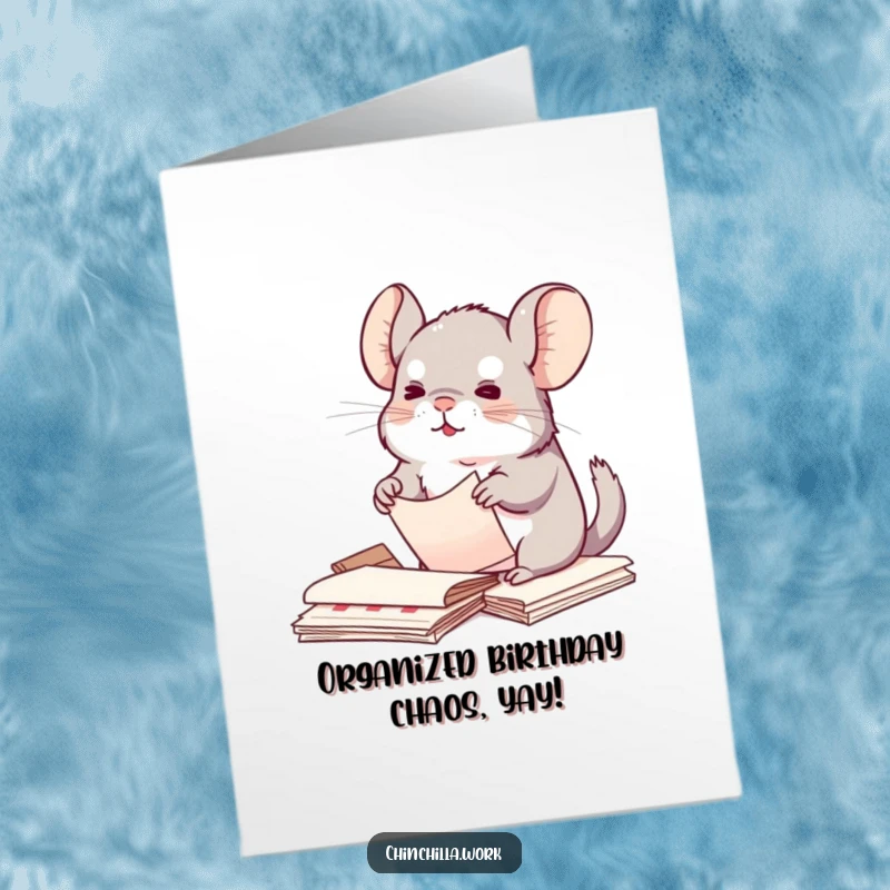 Funny Free Printable Birthday Card: A kawaii chinchilla enthusiastically tidying papers with its tiny paws, looking efficient.