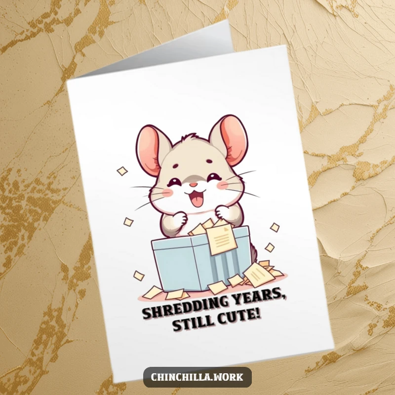 Funny Free Printable Birthday Card featuring a smiling kawaii office chinchilla gleefully shredding important documents with a look of pure delight.