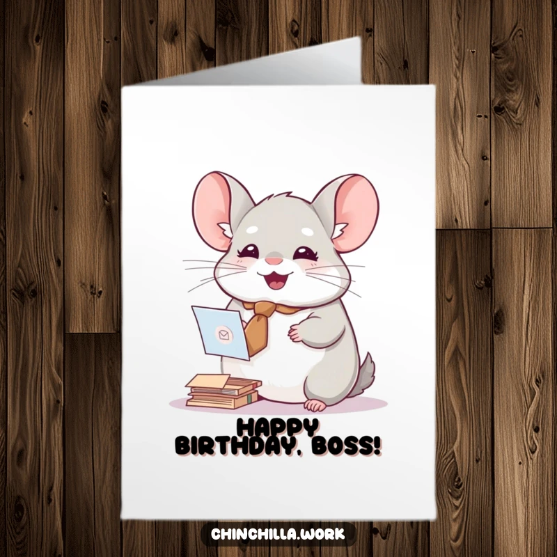 Funny Free Printable Birthday Card: A chinchilla in a tiny tie joyfully sorting mail, perfect for a chic DIY downloadable gift.