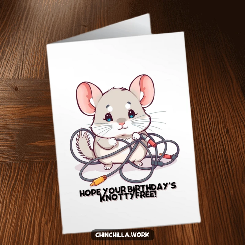 Funny Free Printable Birthday Card featuring a curious kawaii chinchilla investigating a messy tangle of computer cables.