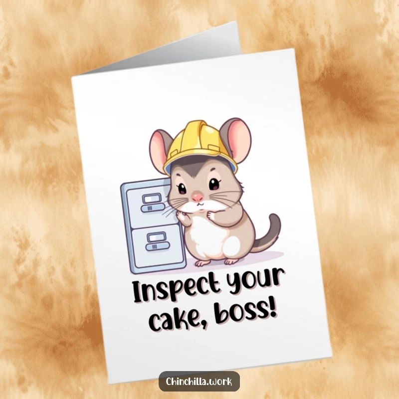 Funny Free Printable Birthday Card: a chinchilla in a hard hat inspects a file cabinet with great focus.
