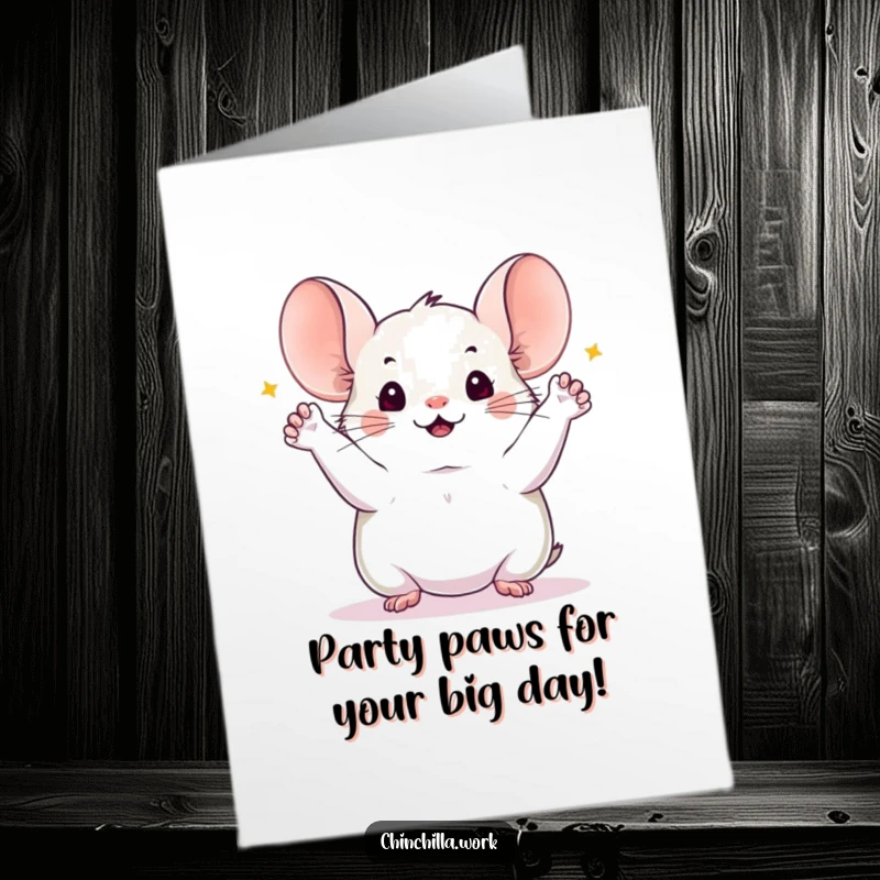Funny Free Printable Birthday Card: A cute chinchilla with all four paws up in celebration, wishing you a pawsitively happy birthday.