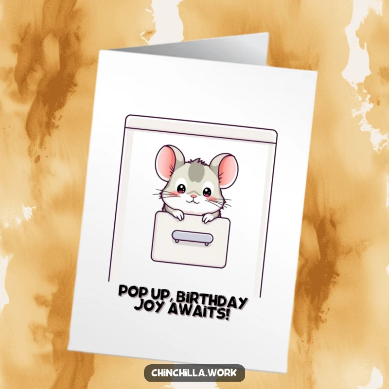 Funny Free Printable Birthday Card: Chinchilla peeking its head out of a filing cabinet, office surprise, playful.