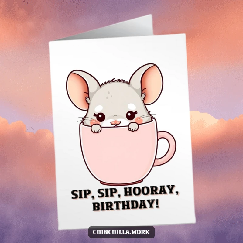 Funny Free Printable Birthday Card: Kawaii office chinchilla hiding in a coffee mug, only ears visible.