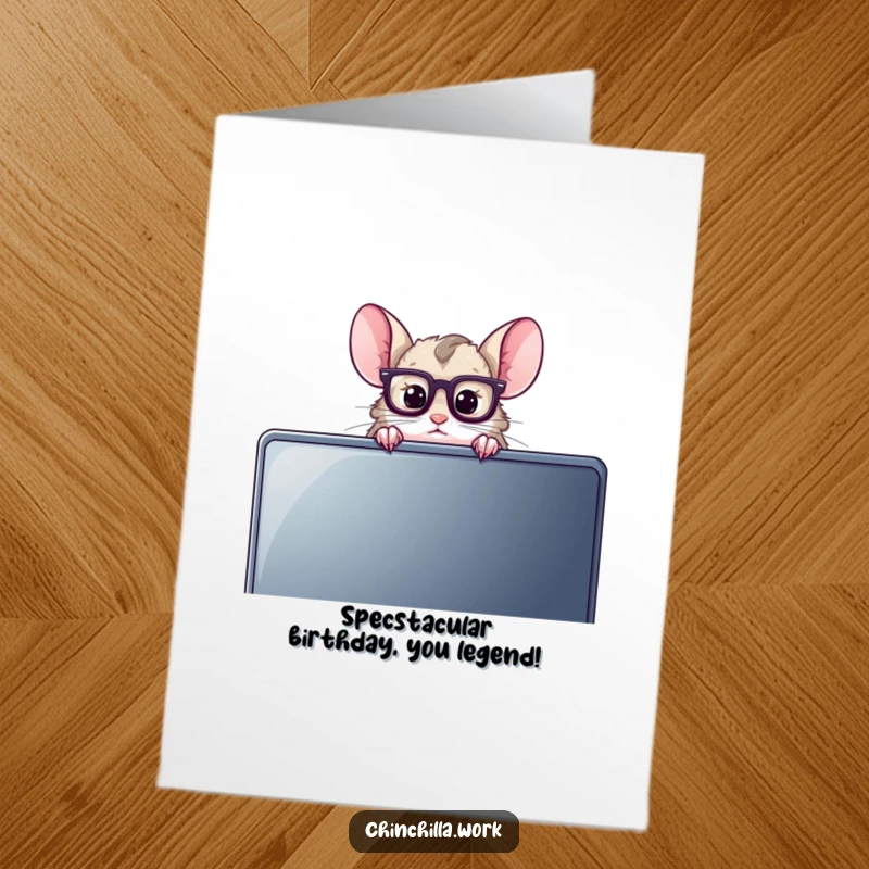 Funny Free Printable birthday card featuring a chinchilla in reading glasses peering over a monitor, perfect for a nerdy friend.