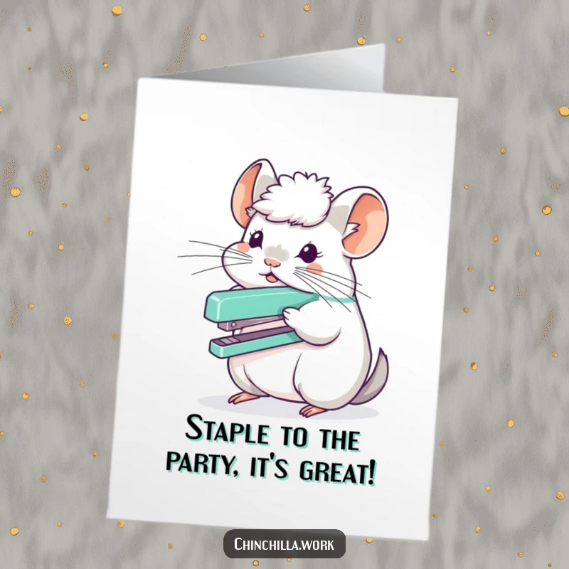 Funny Free Printable Birthday Card: Chinchilla comically balancing a stapler on its fluffy head, office humor.