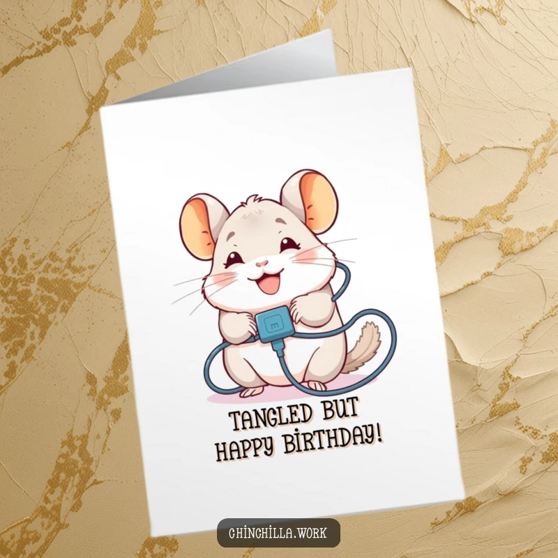 Funny Free Printable Birthday Card: A chinchilla character comically stuck in a charging cable, smiling despite the mess.