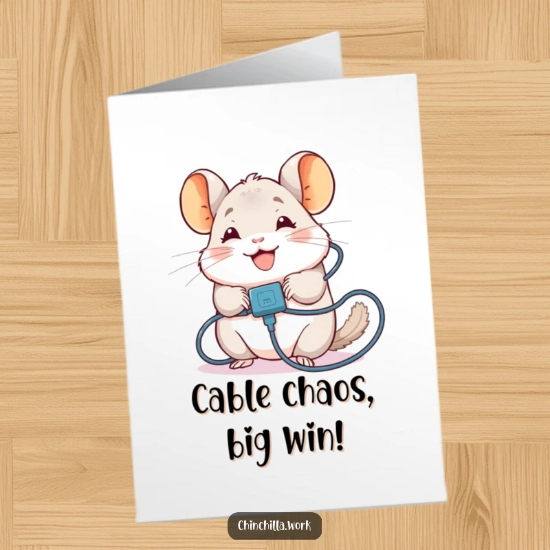 Funny Free Printable Congratulations Card: A smiling chinchilla comically entangled in a messy charging cable, celebrating resilience.
