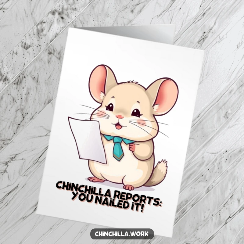 Funny Free Printable Congrats Card: A tie-wearing chinchilla proudly presents a report, signifying success and congratulations.