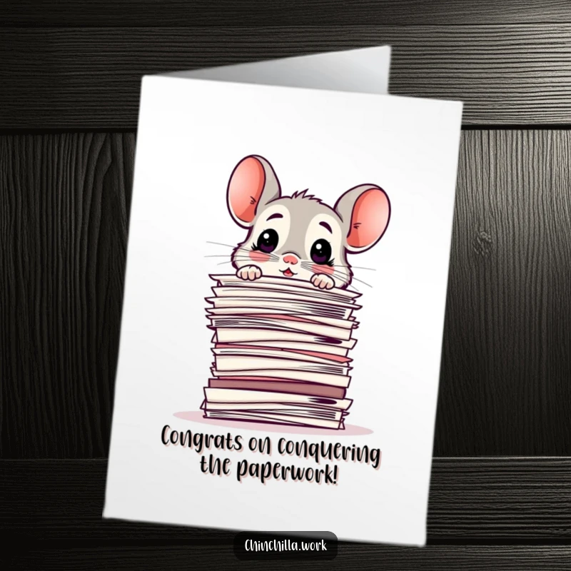 Funny Free Printable Congratulations Card: Chinchilla looks shocked peering over a massive pile of office papers.