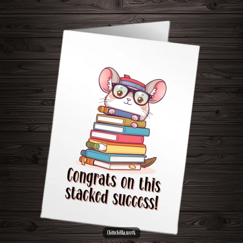 Funny Free Printable Congrats Card: A chinchilla barely visible under a mountain of office supplies, celebrating success.