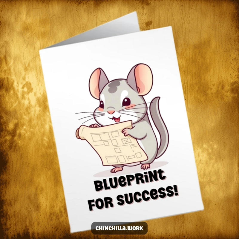 Free Printable Congratulations Card: Chinchilla Unfurling a Blueprint, Symbolizing a Successful Plan