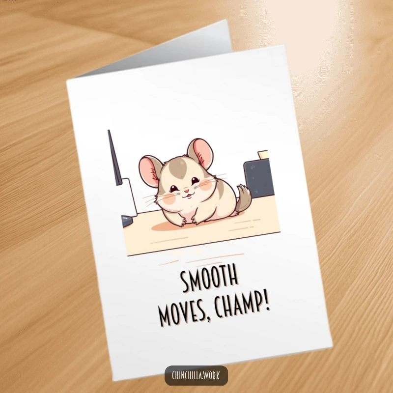 Funny Free Printable Congratulations Card: A chinchilla comically sliding across a desk, leaving a trail of amusement.