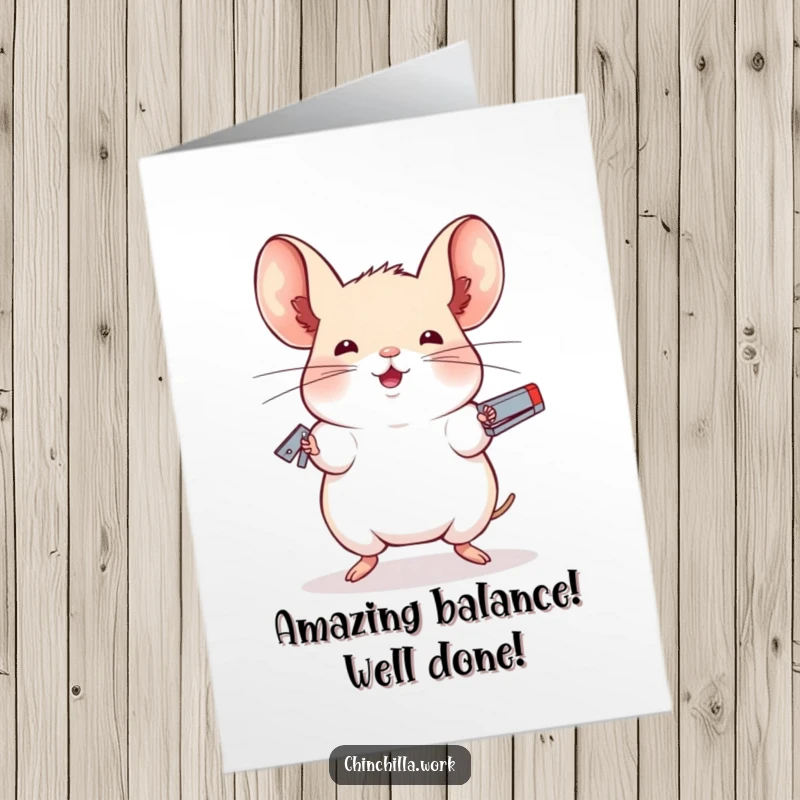 Funny Free Printable Chinchilla Congratulations Card: A chinchilla masterfully juggles staplers, celebrating a remarkable achievement.