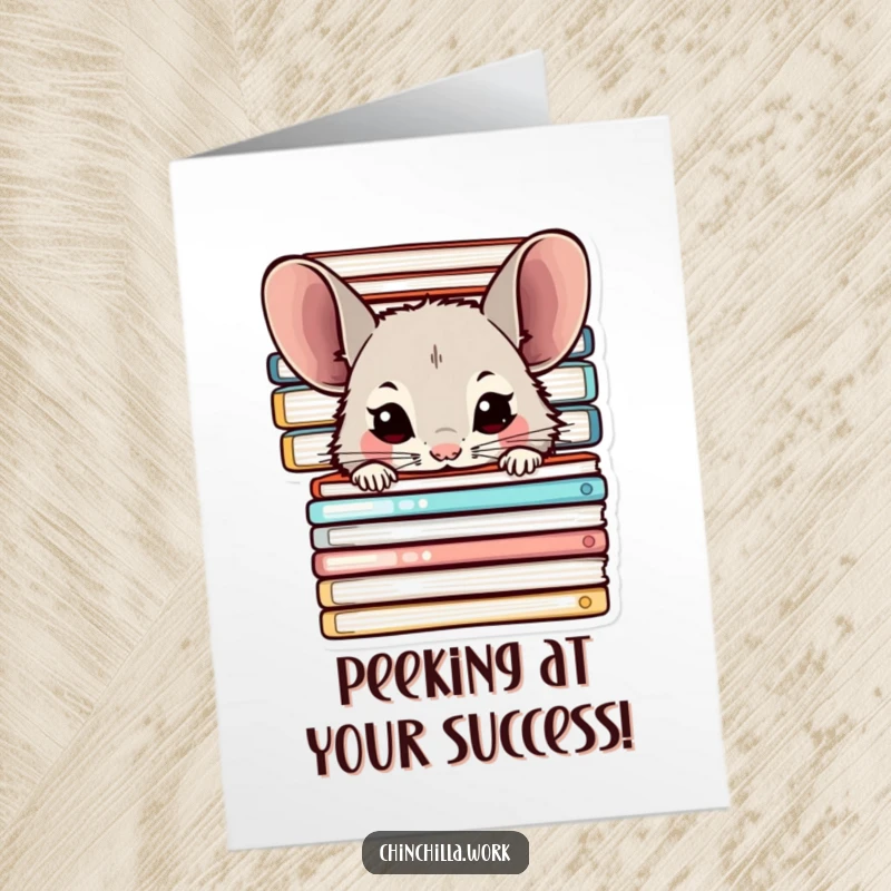 Funny Free Printable Congratulations Card: A chinchilla character curiously peeking over a stack of work folders.