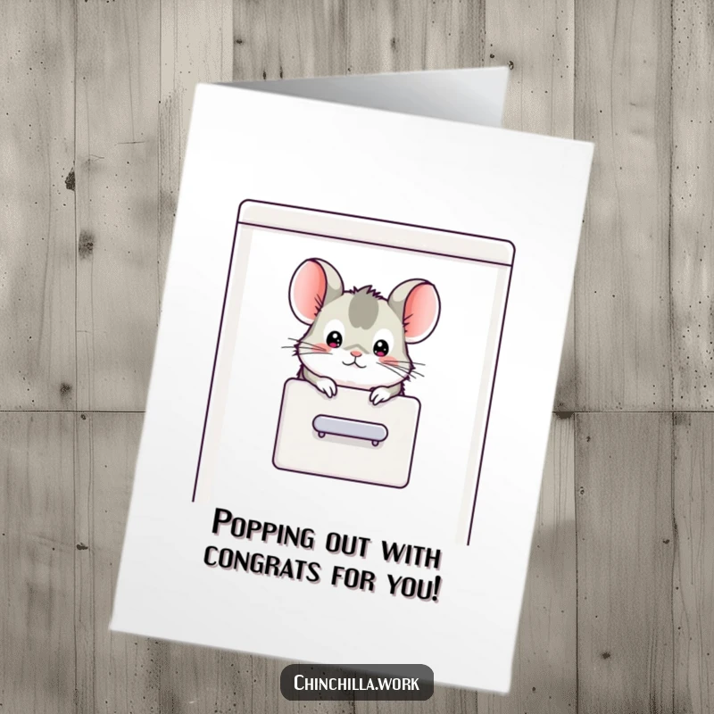 Funny Free Printable Congratulations Card: Chinchilla popping its head out of a filing cabinet, celebrating success.
