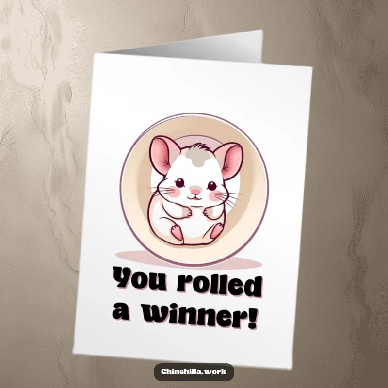Funny Free Printable Congrats Card: Kawaii chinchilla rolling happily inside a hollowed-out paper roll, celebration vibes.