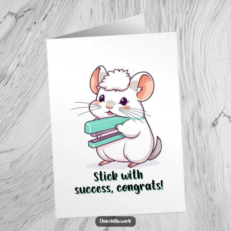 Funny Free Printable Congratulations Card: Chinchilla perfectly balancing a stapler on its fluffy head, symbolizing success.