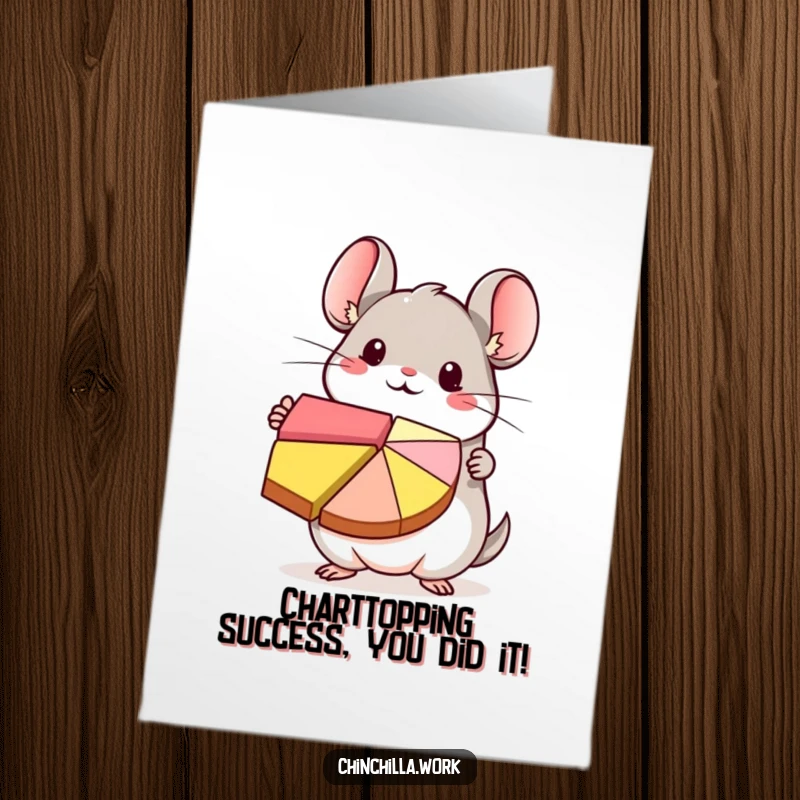 Funny Free Printable Congratulations Card: Adorable kawaii chinchilla enthusiastically presenting a colorful pie chart of achievements.