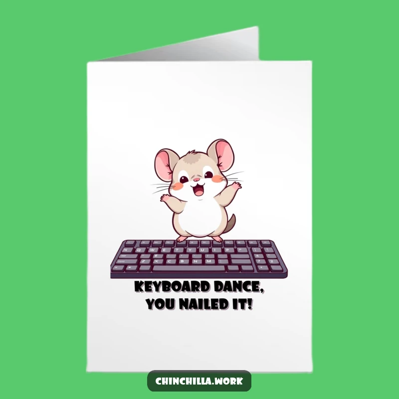 Free Printable Chinchilla Keyboard Dance Congrats Card: Kawaii Office Celebration Downloadable Gift