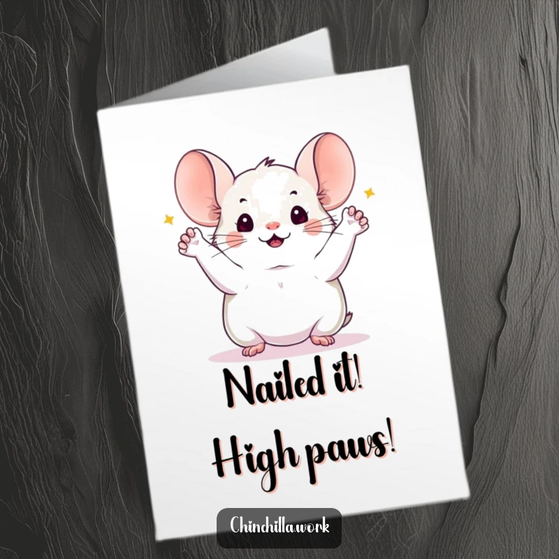 Funny Free Printable Congrats Card: A cute chinchilla jumps with all paws up, celebrating a successfully completed project with pure joy.
