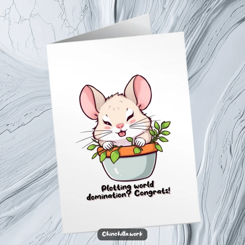 Funny Free Printable Congratulations Card featuring a chinchilla with a sly grin peeking from behind a lush potted plant, celebrating secretly.