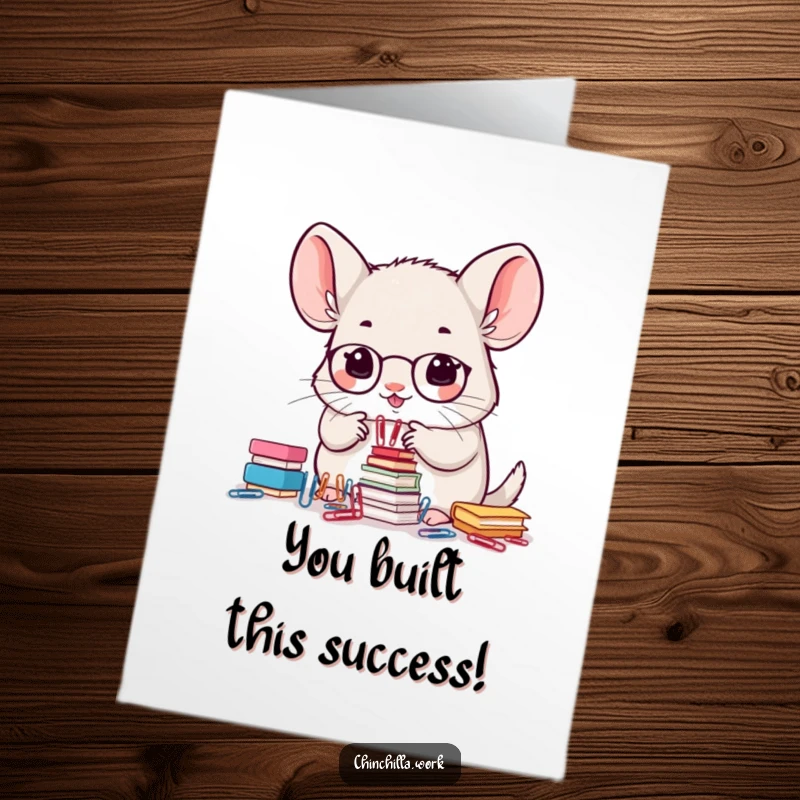 Funny Free Printable Congratulations Card: A kawaii office chinchilla meticulously stacks paperclips with impressive precision, celebrating success.