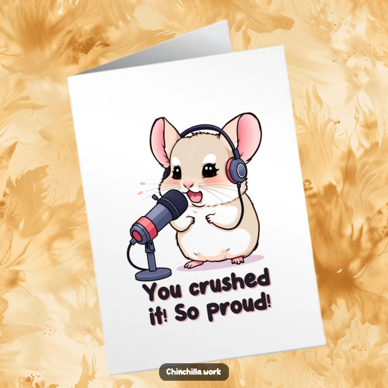 Funny Free Printable Chinchilla Congratulations Card: A chinchilla wearing a headset laughs into a microphone, celebrating good news.