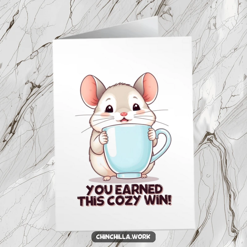 Free printable congratulations card featuring a cute chinchilla holding a steaming mug, looking delighted, ready for a special someone.