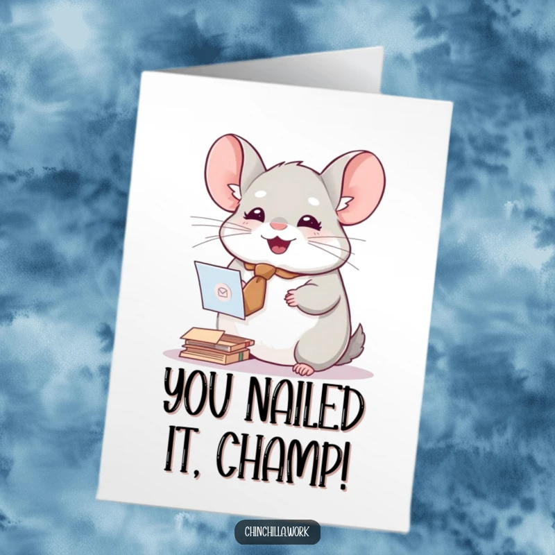 Funny Free Printable Congratulations Card: A chinchilla wearing a tiny tie joyfully sorting mail, ideal for a sophisticated DIY gift.