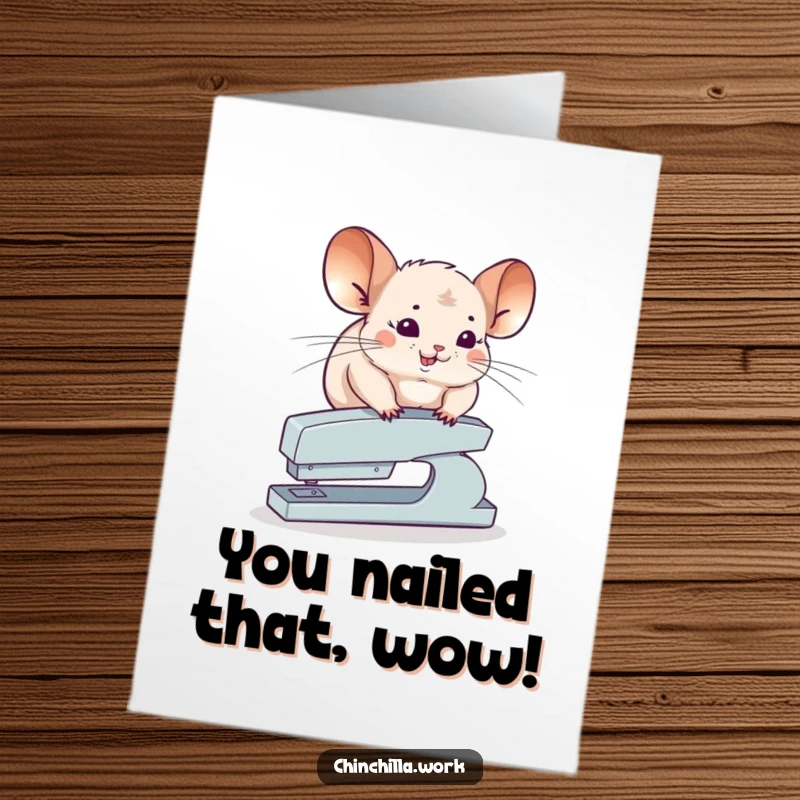 Funny Free Printable congratulations card featuring a chinchilla skillfully balancing on a stapler, representing overcoming obstacles.