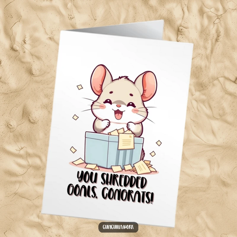 Free Printable Congratulations Card: A kawaii office chinchilla joyfully shreds documents, symbolizing an explosive success, perfect for any celebration.