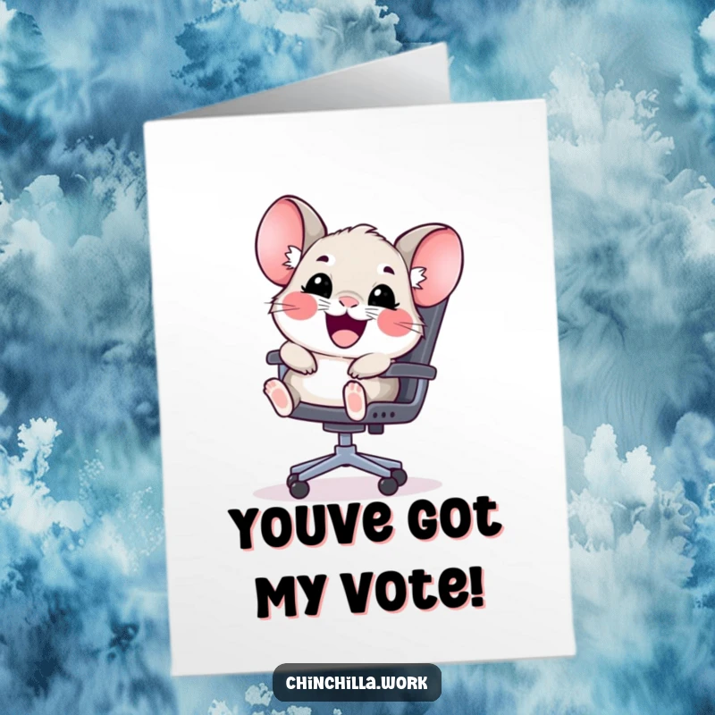 Funny Free Printable Thank You Card: A wide-smiling kawaii chinchilla slides down an office chair, sending thanks with glee.