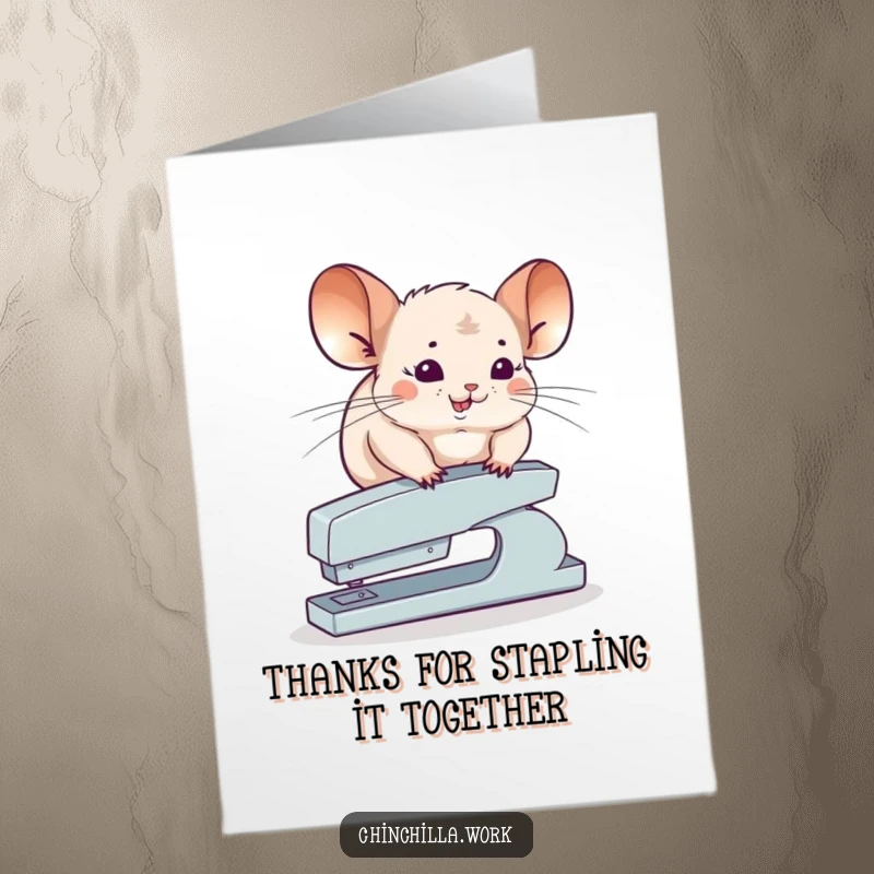 Funny Free Printable thank you card depicting a chinchilla balancing on a stapler, a humorous token of appreciation.