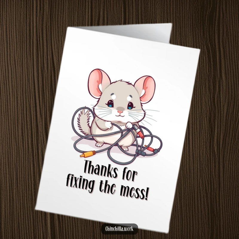 Funny Free Printable Thank You Card of a kawaii chinchilla curiously investigating a jumble of electronic cables.
