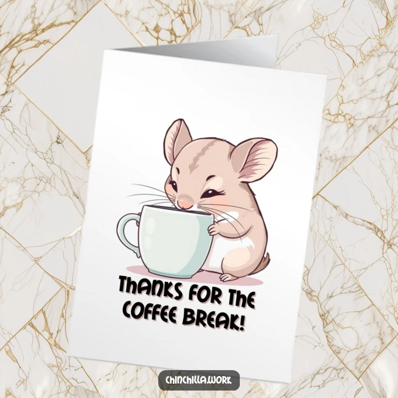 Funny Free Printable Thank You Card: A curious chinchilla sniffs a coffee mug with intense focus, ears twitching.
