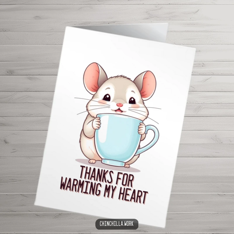 Funny free printable thank you card with a chinchilla holding a steaming mug, conveying warm delight and gratitude, ready to send.