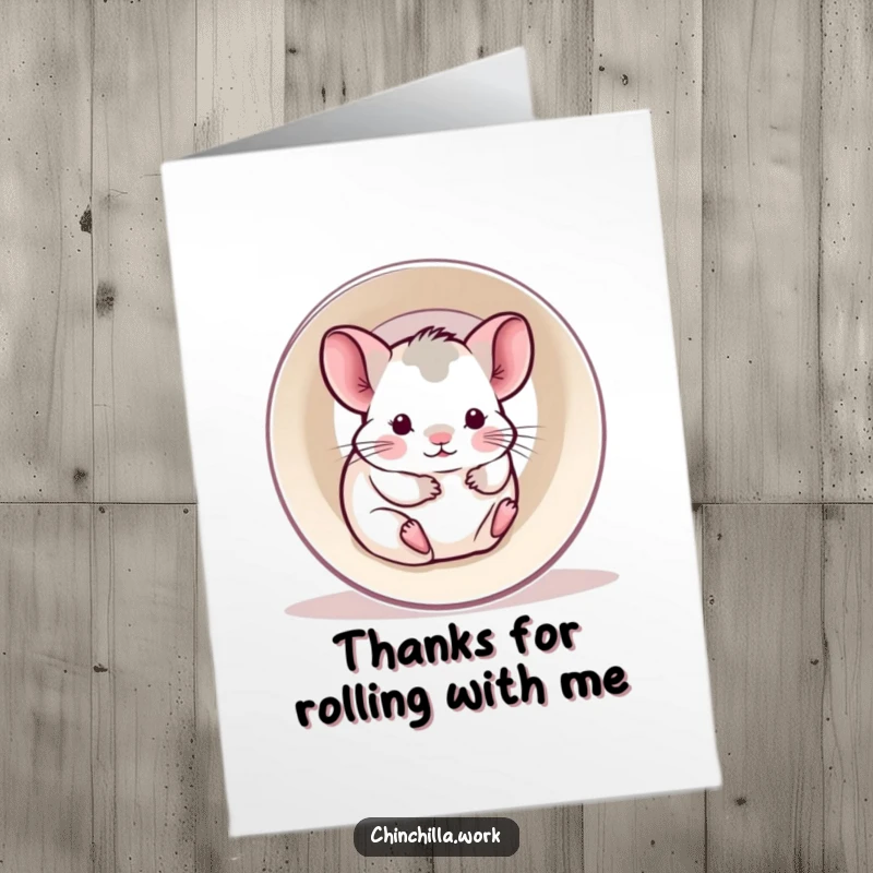 Funny Free Printable Thank You Card: Kawaii chinchilla having a blast rolling inside a printer paper tube, office humor.