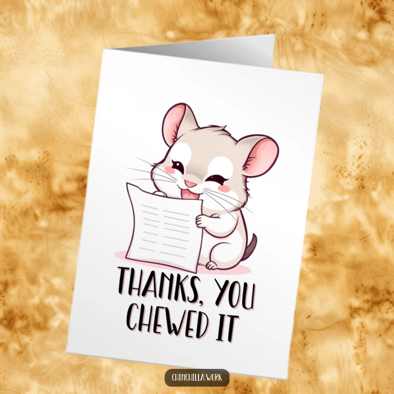 Funny Free Printable Thank You Card: A kawaii office chinchilla with a mischievous grin enthusiastically devours a blank report.