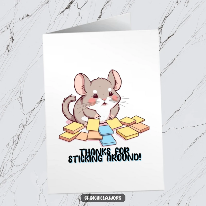 Funny Free Printable Thank You Card: a chinchilla comically attempts to organize scattered sticky notes, thanks.