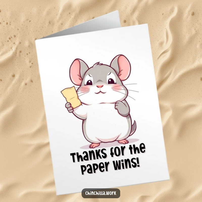 Funny Free Printable Thank You Card: Kawaii office chinchilla holding a tiny paper shred, a symbol of hard work.
