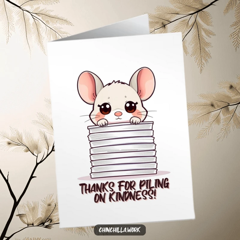 Funny Free Printable Thank You Card: Kawaii office chinchilla looking over paper stack, expressing thanks for help.
