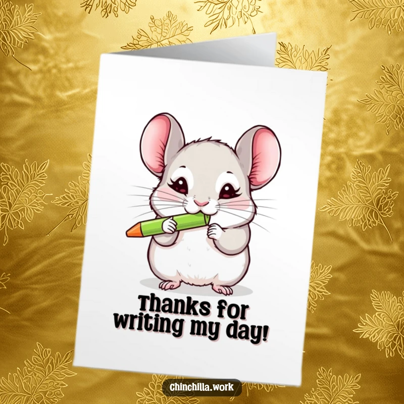 Funny Free Printable Thank You Card showing a chinchilla enthusiastically chewing a colorful pen, a unique thank you.