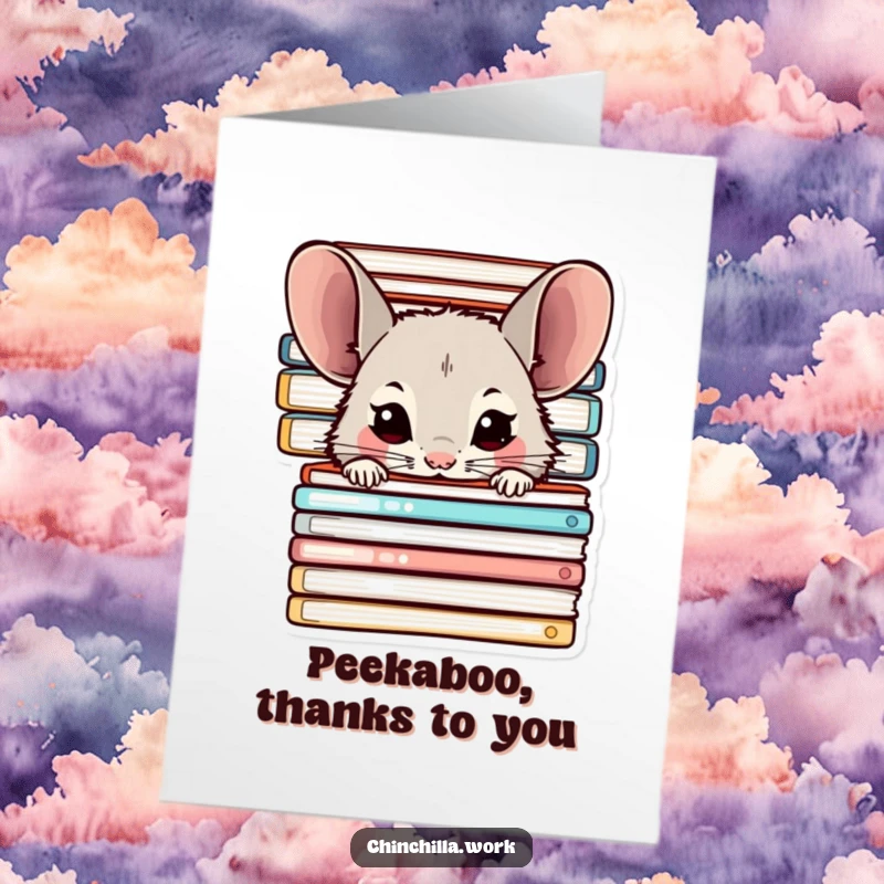 Funny Free Printable Thank You Card: Shy chinchilla peeking from behind office folders, offering quiet thanks.